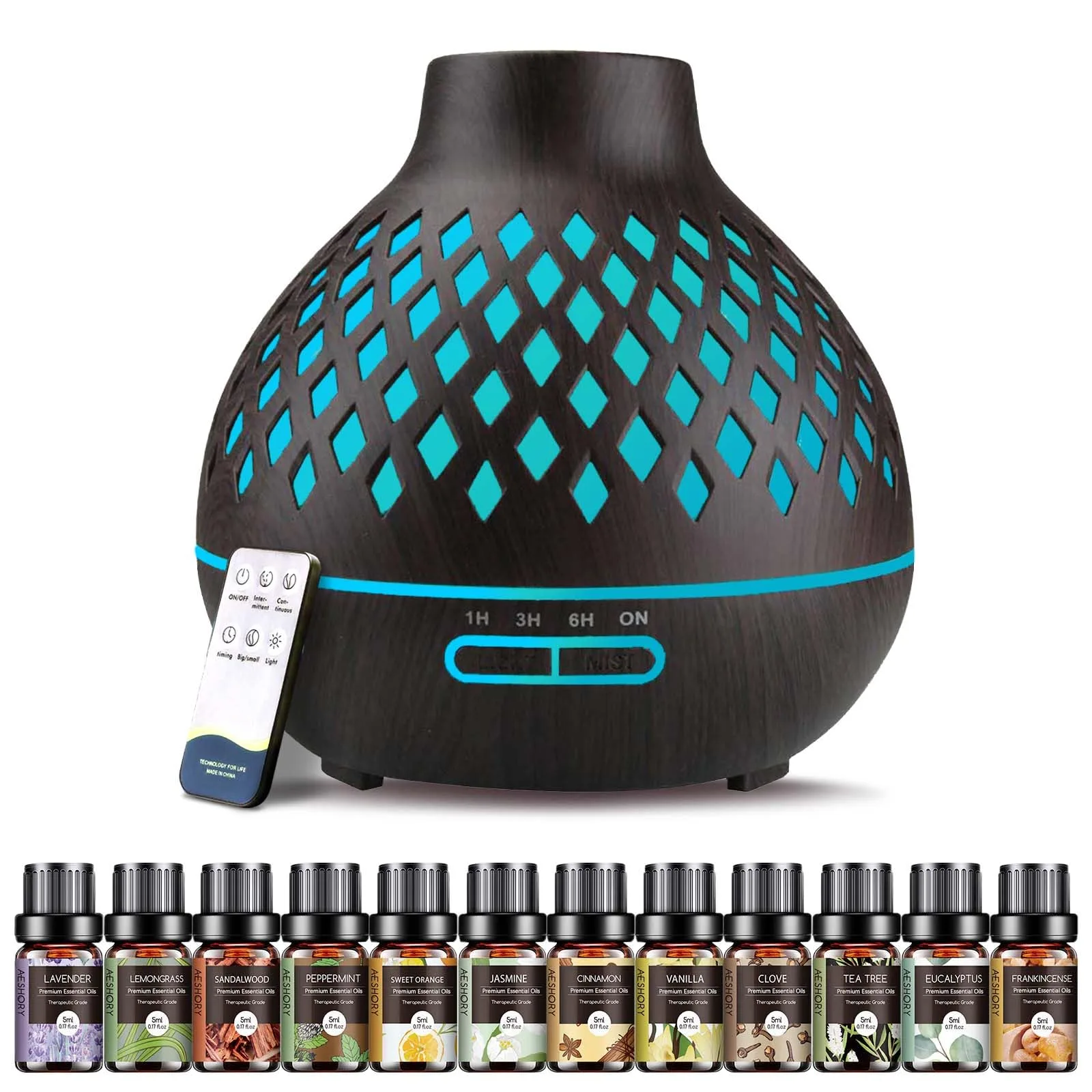 Aromadifuzér Aeshory 550 ml černý + 12×5 ml esenciálních olejů