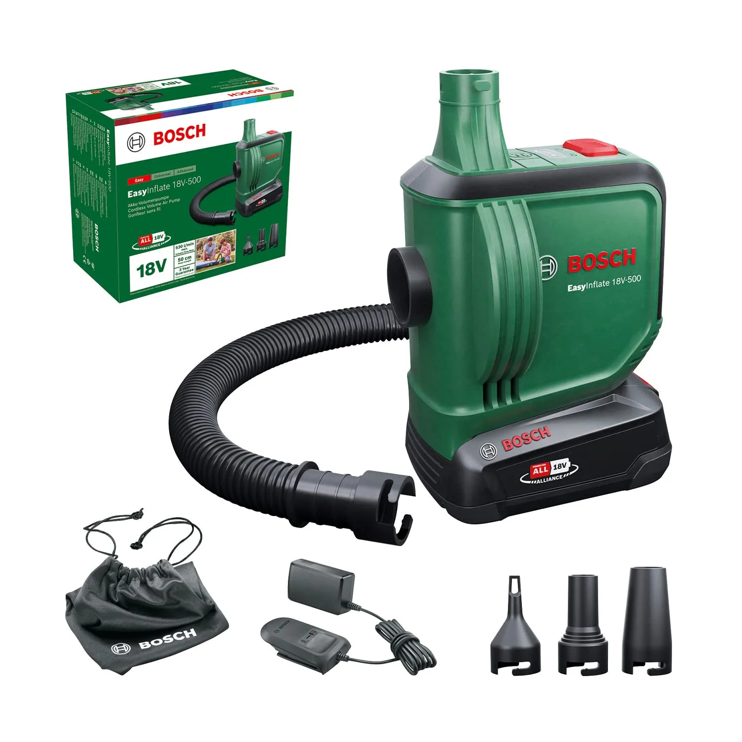 Akumulátorová pumpa Bosch EasyInflate 18V-500 s baterií 2,0 Ah a nabíječkou