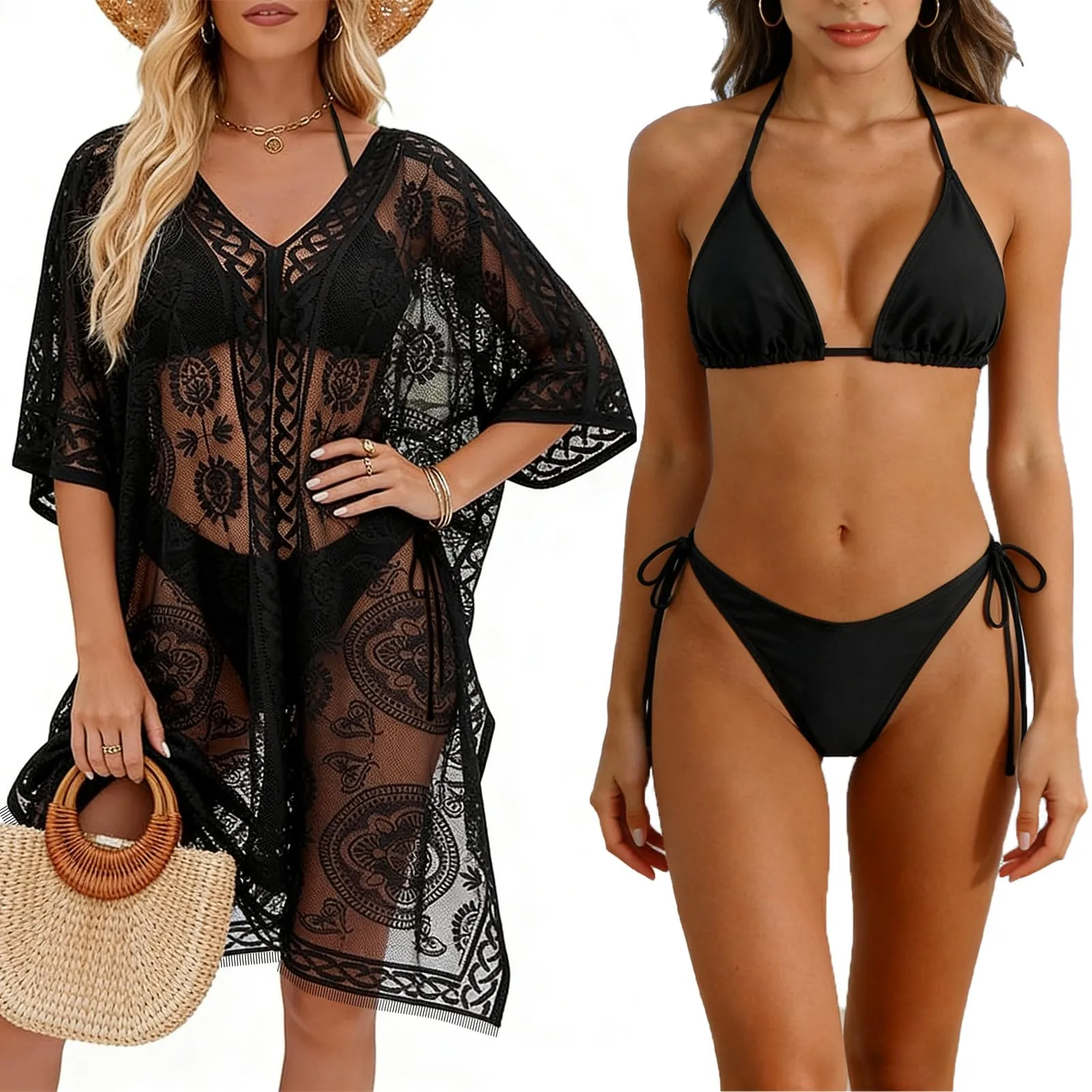 Dámské bikiny s krajkovým pláštěm černé, velikost S, 3 díly