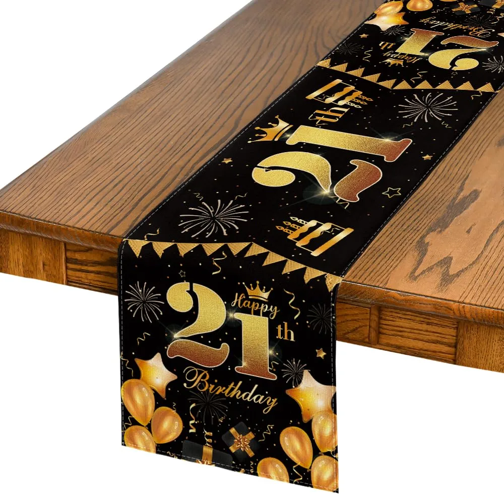 Behúň na stůl k 21. narozeninám 40 × 140 cm černo-zlatý