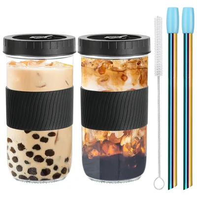Skleněné poháry na bubble tea RHtvrll 710 ml 2 ks s víčky a brčky