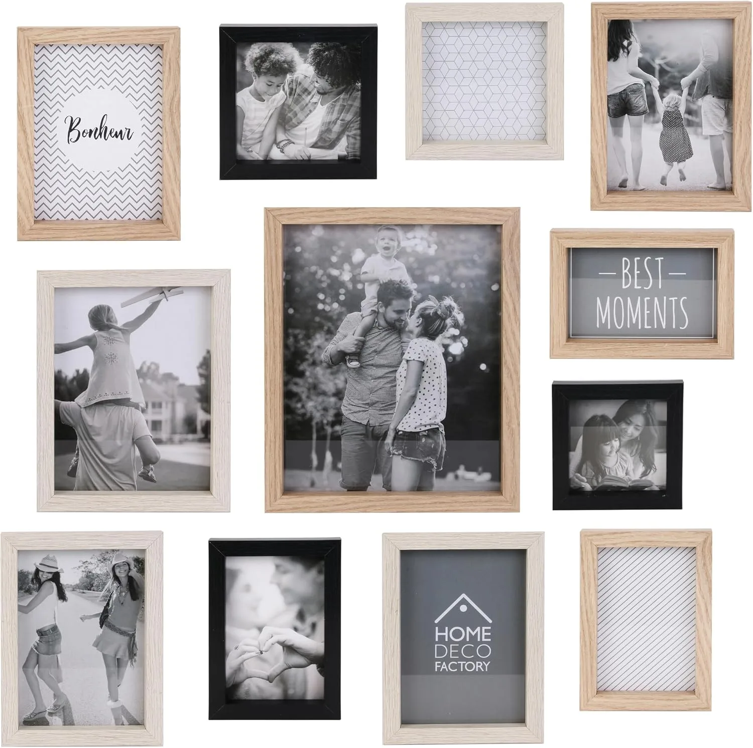 Dřevěné fotorámečky HOME DECO FACTORY 12 ks mix velikostí a barev