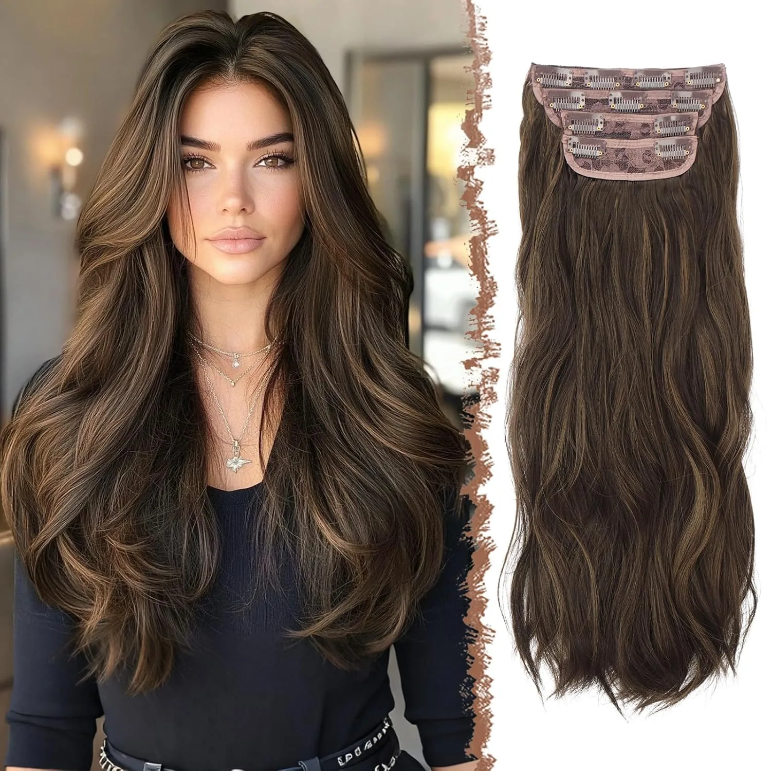Syntetické zvlněné vlasy clip-in FESHFEN 60 cm hnědé s melírem 4 ks