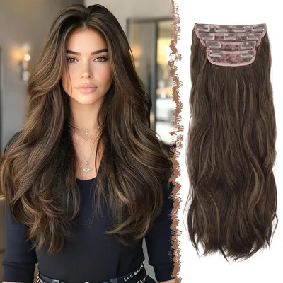 Syntetické zvlněné vlasy clip-in FESHFEN 60 cm hnědé s melírem 4 ks