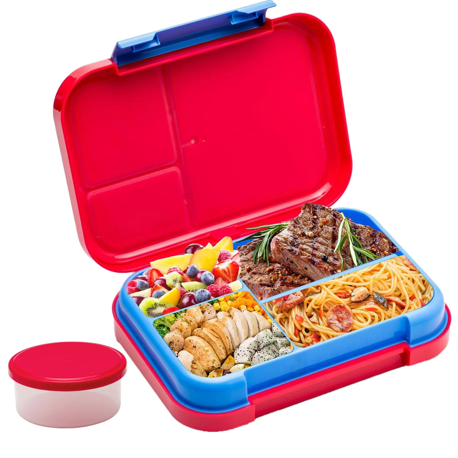 Dětský bento box se 4 přihrádkami a nádobkou, růžový
