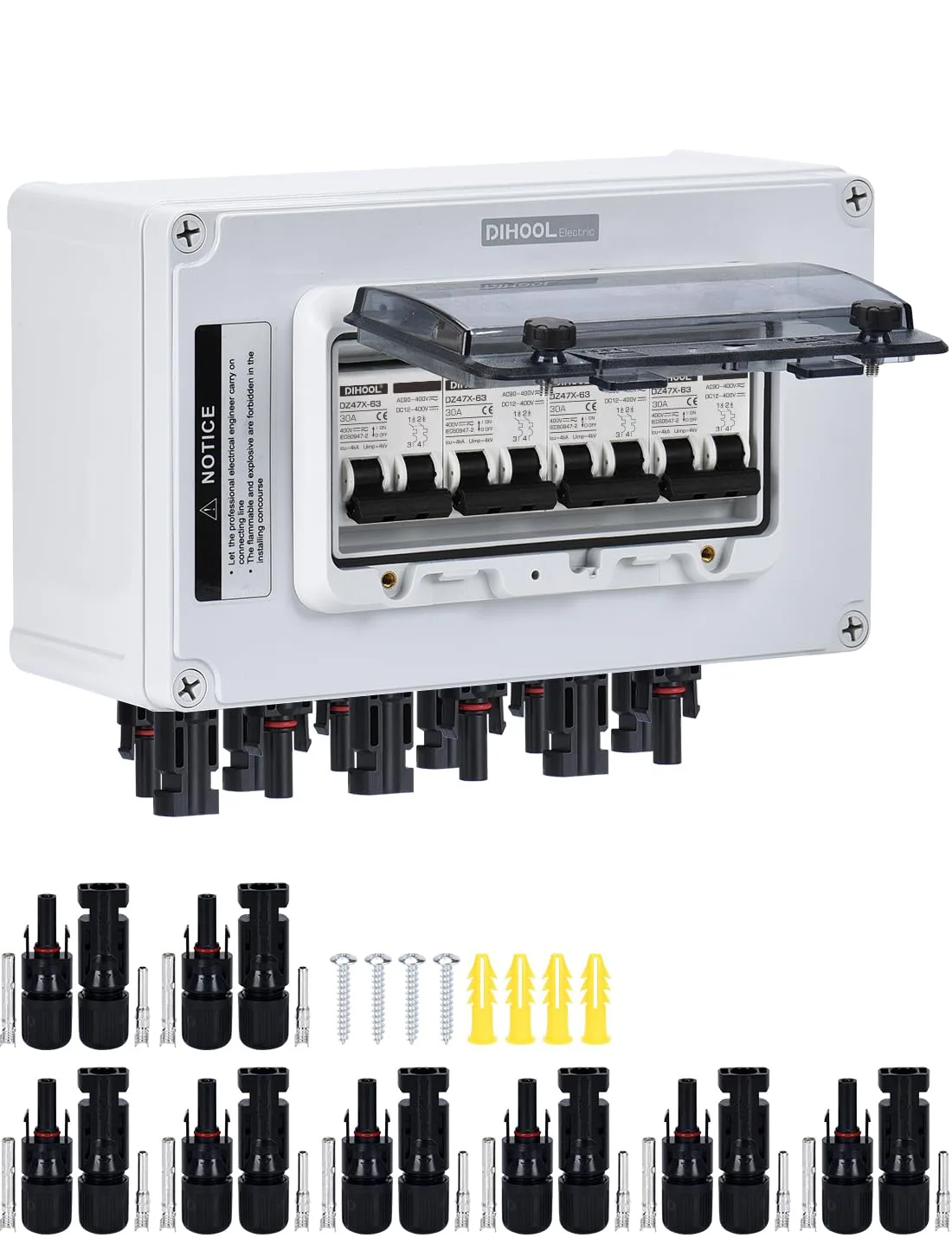 DC jistič DIHOOL DHO-AGPM-2S-30A 2P 12–400V IP67, 2 vstupy a 2 výstupy