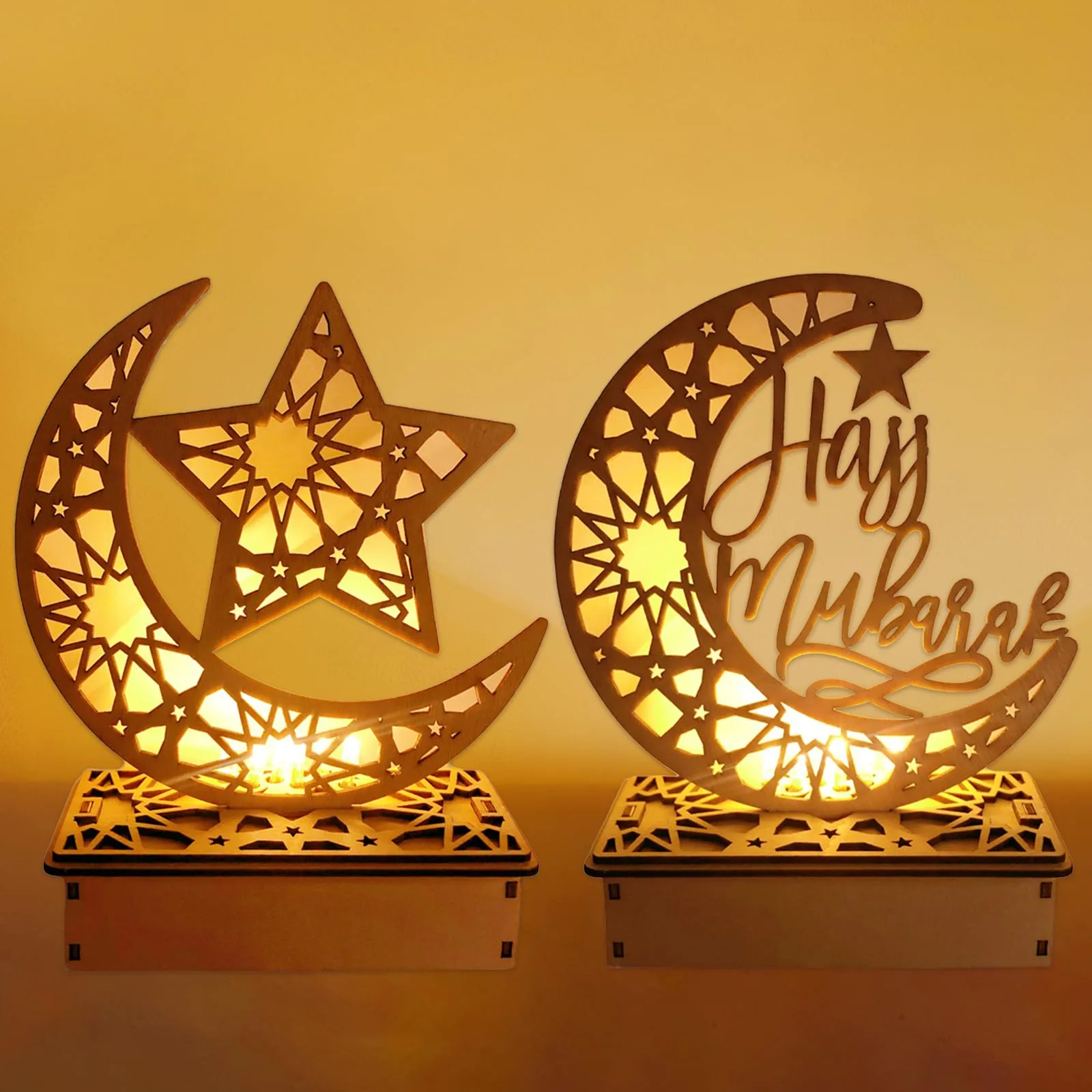 Dřevěné LED ramadánské lampy Eid Mubarak 20 cm 2 ks