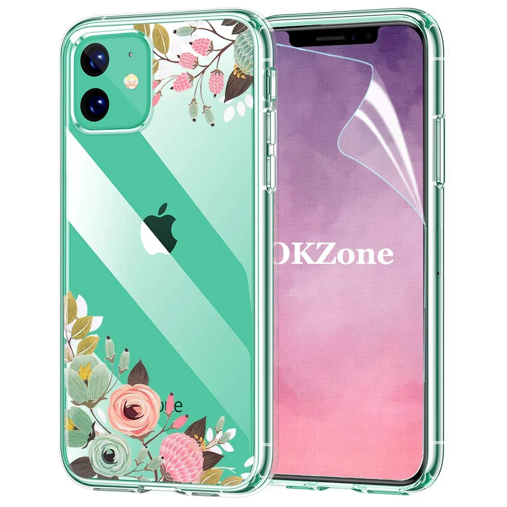Růžové květinové pouzdro se sklem pro iPhone 11 6,1″